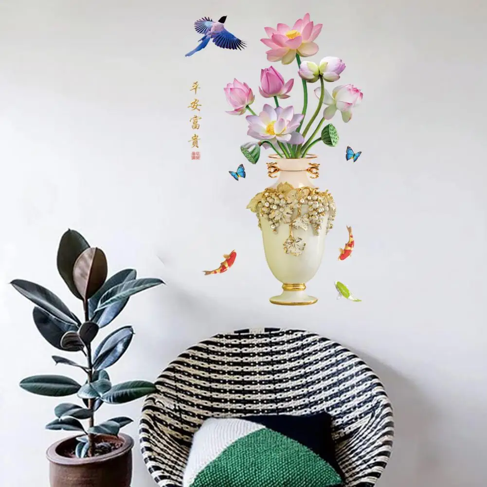 3D Large Vase Wall Sticker Lotus Flower Decal Self-Adhesive